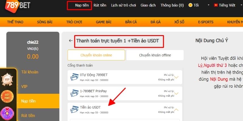 hướng dẫn nạp tiền USDT tại 789bet