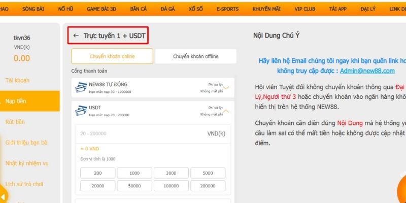 hướng dẫn nạp USDT vào New88