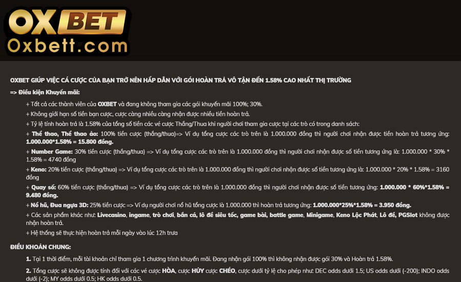 Điều kiện nhận khuyến mãi hoàn cược của Oxbet