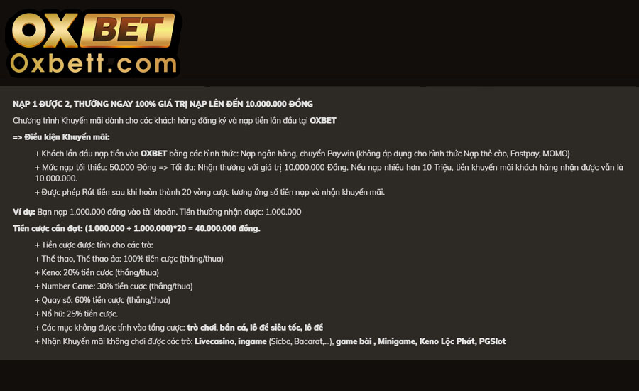Điều kiện áp dụng khuyến mãi nạp tiền của Oxbet